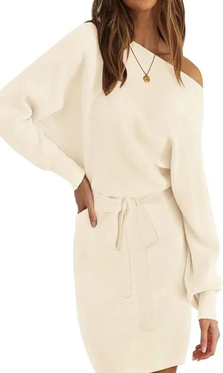 Off Shoulder Batwing Sleeve Sweater Dress with belt