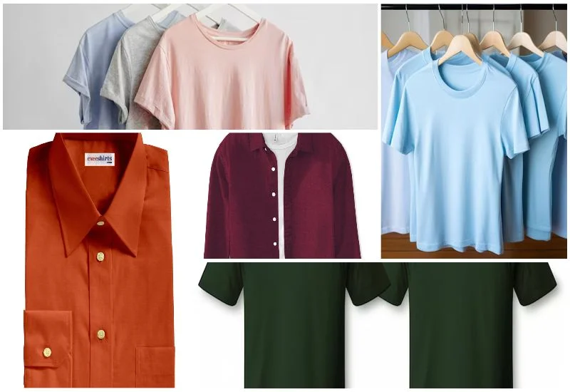 Pastels, Soft Blues, Brunt Orange, maroon, and Forest Green Color Shirts