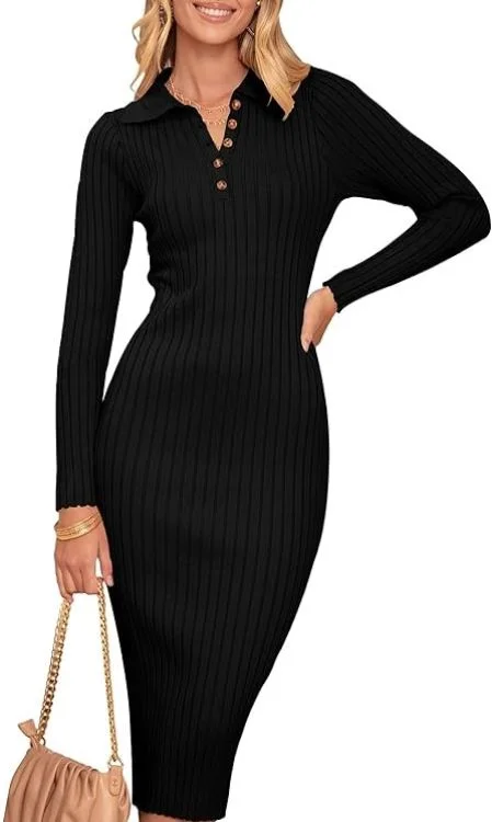  V Neck Ribbed Sweater Dress Long Sleeve